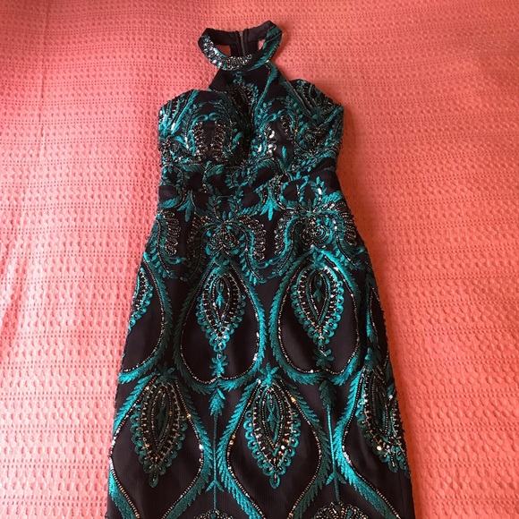 Elle Zeitoune Midi Beaded Evening Dress with Fringe Blue Green Black Gown Size 6 - Picture 2 of 6